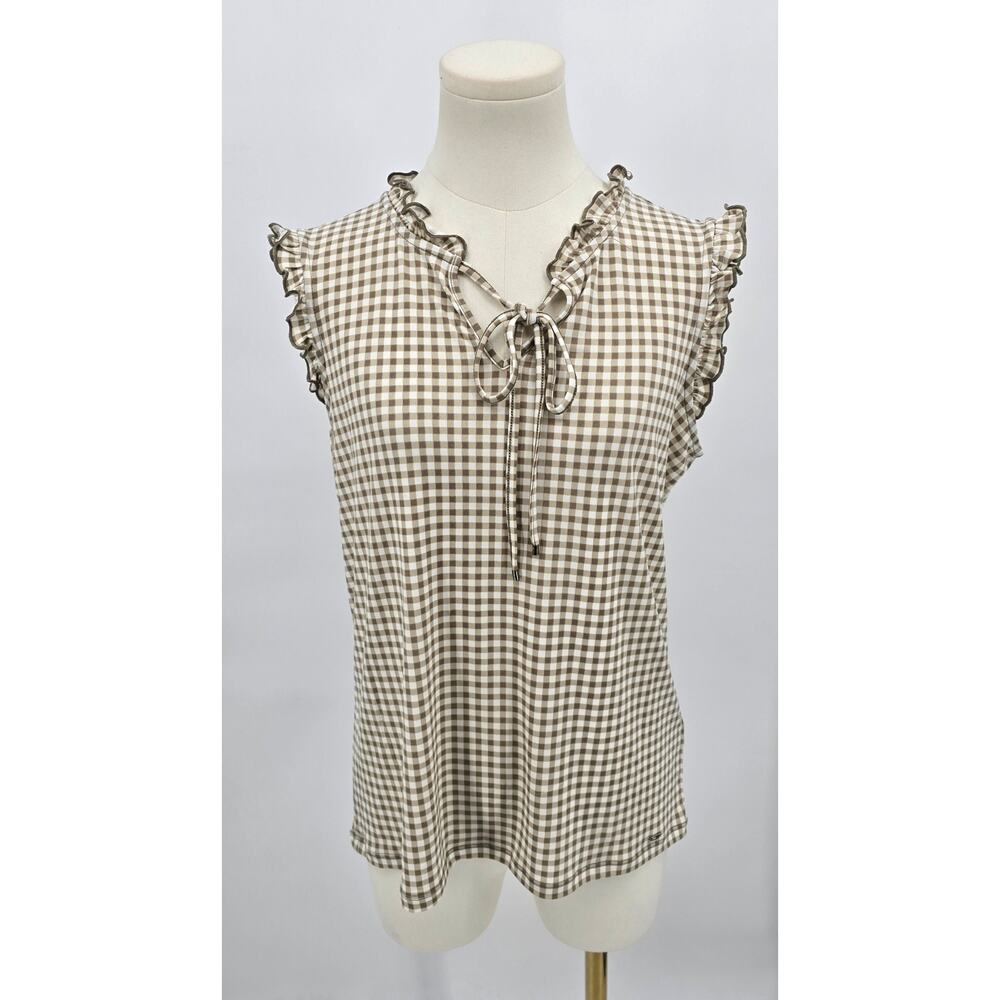 Tommy Hilfiger Old Money Khaki Gingham Tie Neck Blouse